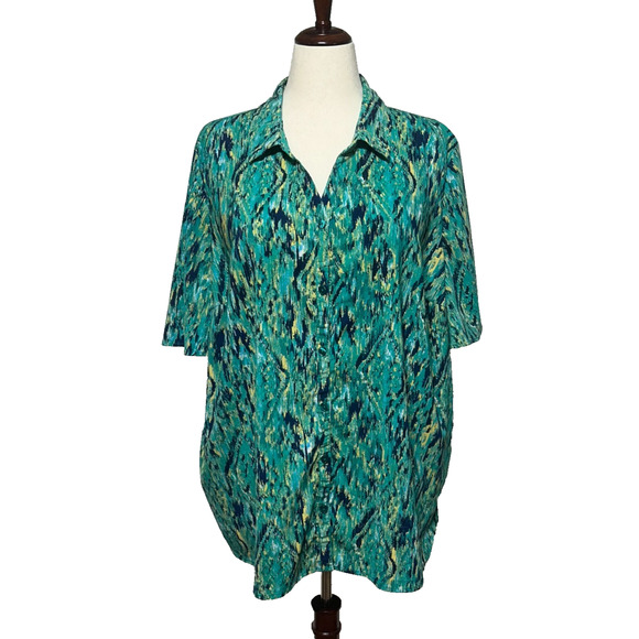 Catherines Top Womens 2X Green Blue Button Up Stretch Short Sleeve V-Neck Blouse - Picture 1 of 9